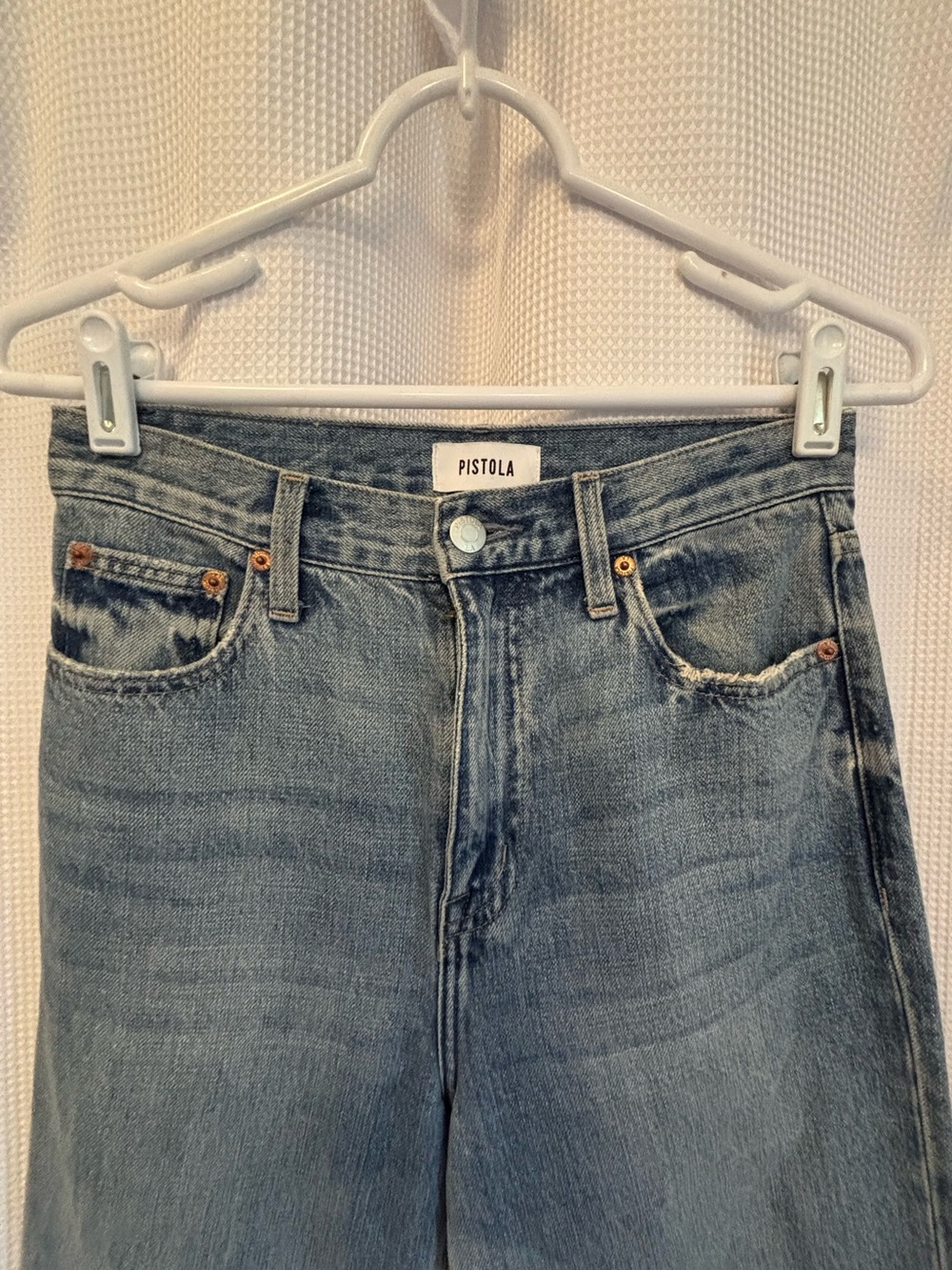 PISTOLA High Rise Wide Leg Distressed Raw Hem Jeans Medium Wash Size 25 - Picture 3 of 10